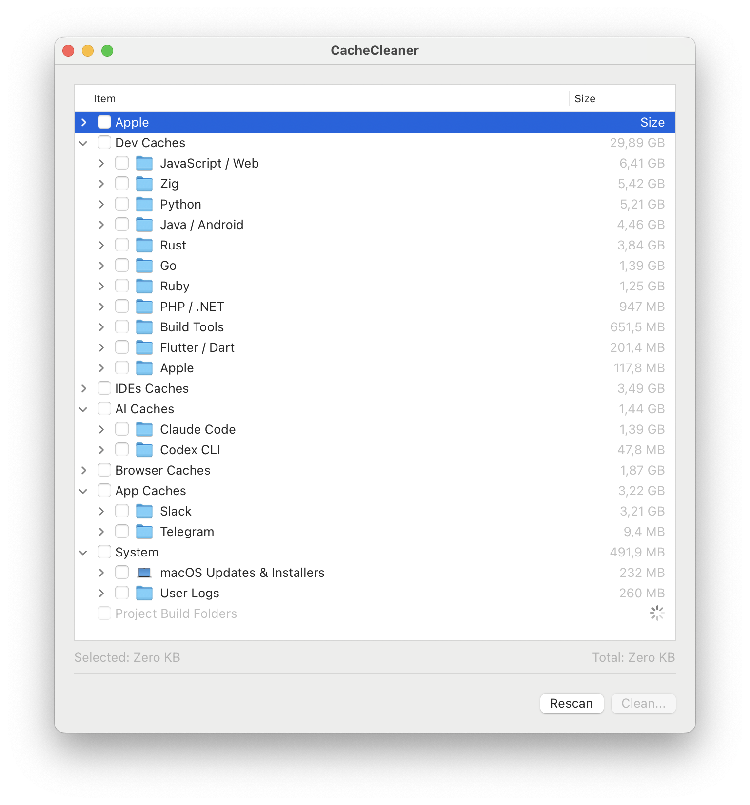 CacheCleaner main window showing dev caches found on a Mac, grouped by ecosystem with sizes