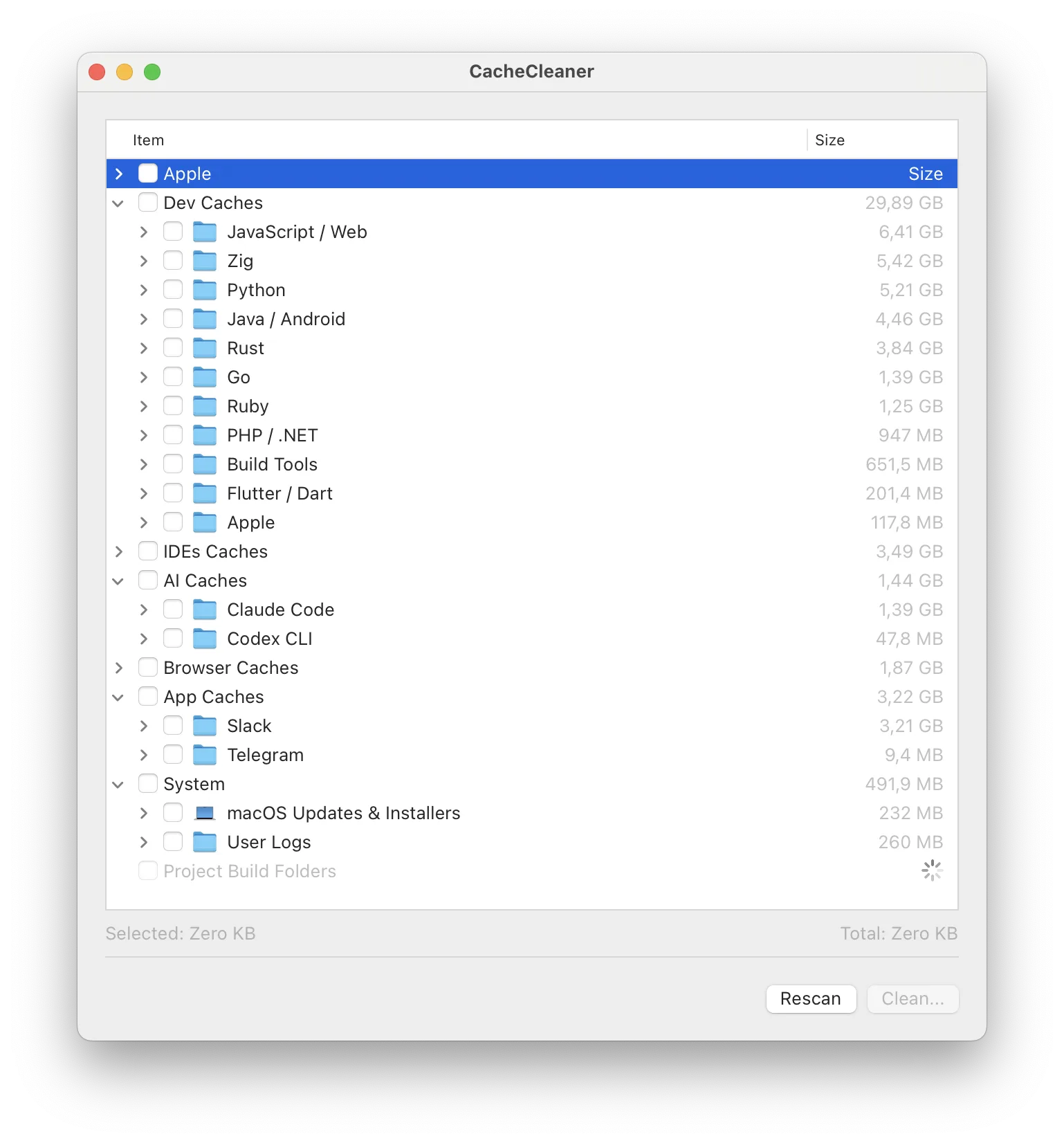 CacheCleaner main window with scanned dev caches